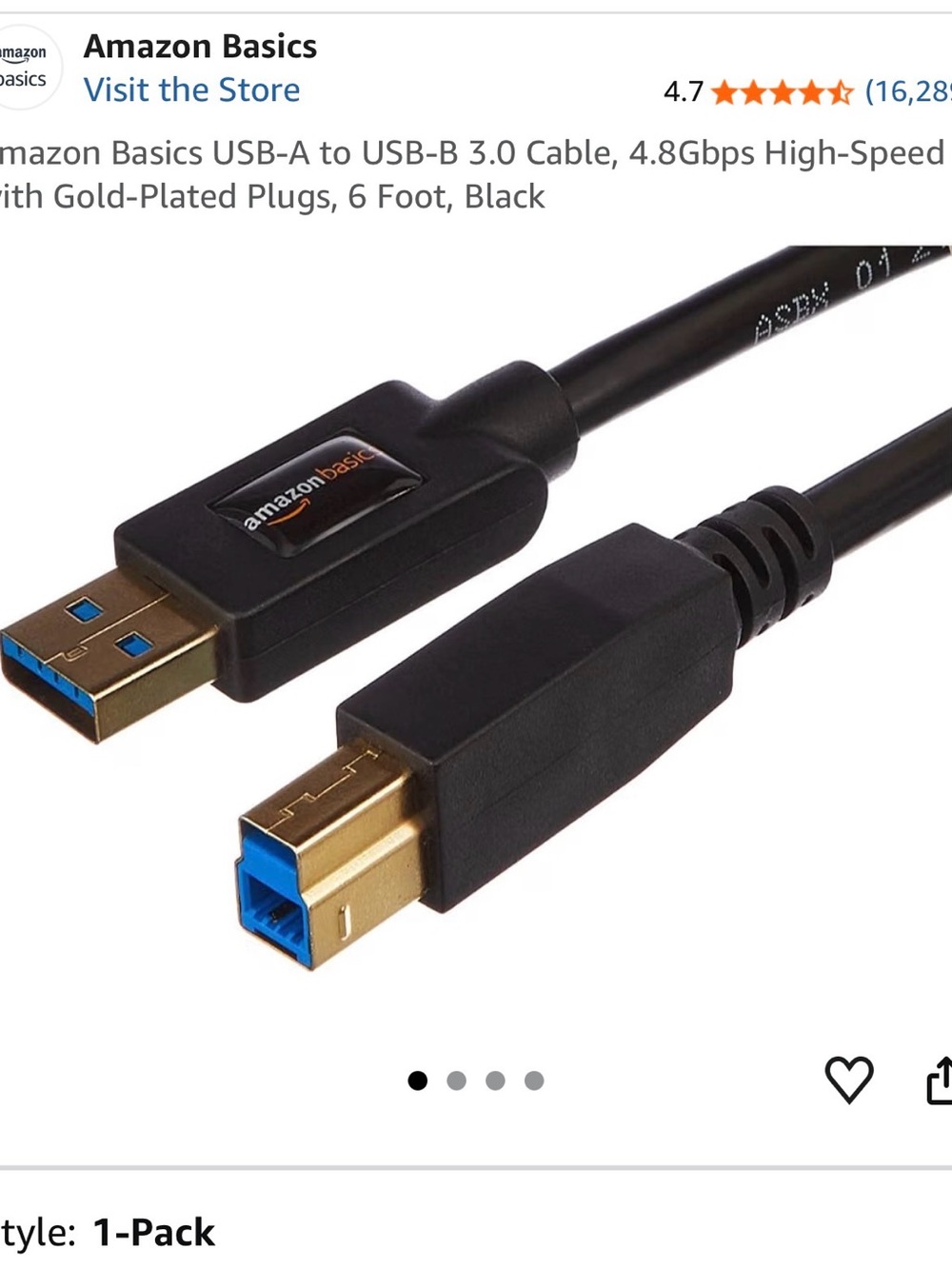 Black USB-A to USB-B 3.0 Cable, 6 ft